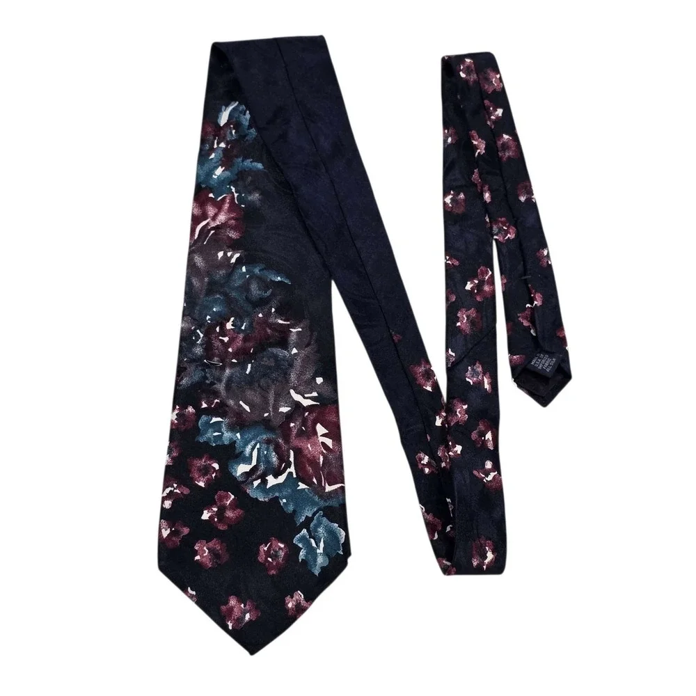 DONBERRY & KEATS Silk Floral Mens Neck Tie Navy Blue Burgundy Blue Formal Work